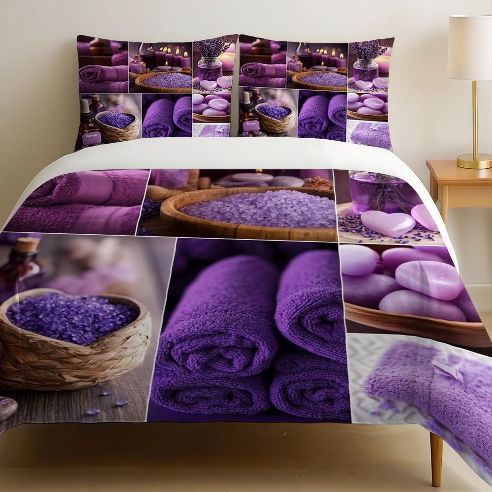 Housse de couette 240 x 260 cm violette avec parure de lit 2 personnes et taies d'oreiller 65x65