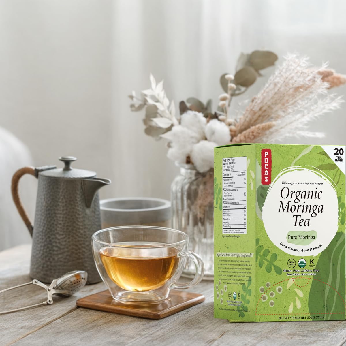 Pocas Organic Moringa Tea, Moringa Tea Bags (3 packs, 20 bags for each), Gluten Free, Non-GMO, Caffeine Free Tea, USDA Certified