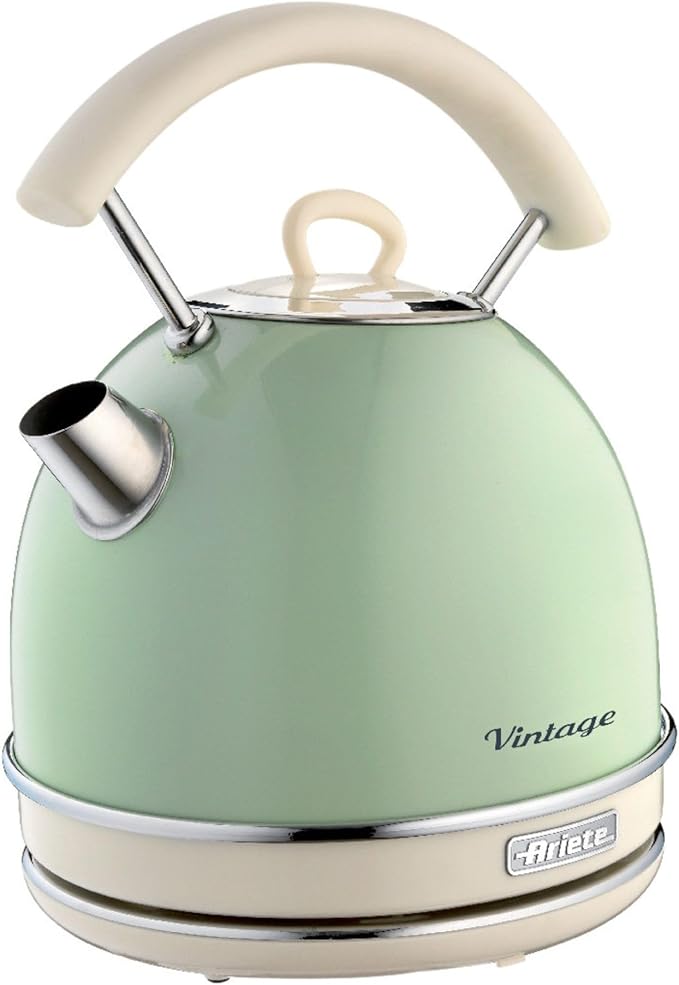 Ariete Vintage Wasserkocher 2877, Retro Elektrischer Wasserkocher mit Sichtbarem Wasserstand, Kabelloser 360°-Sockel, Auto-Abschaltung, Ergonomischer Griff, 1,7 L, Edelstahl, 2000W, Grün