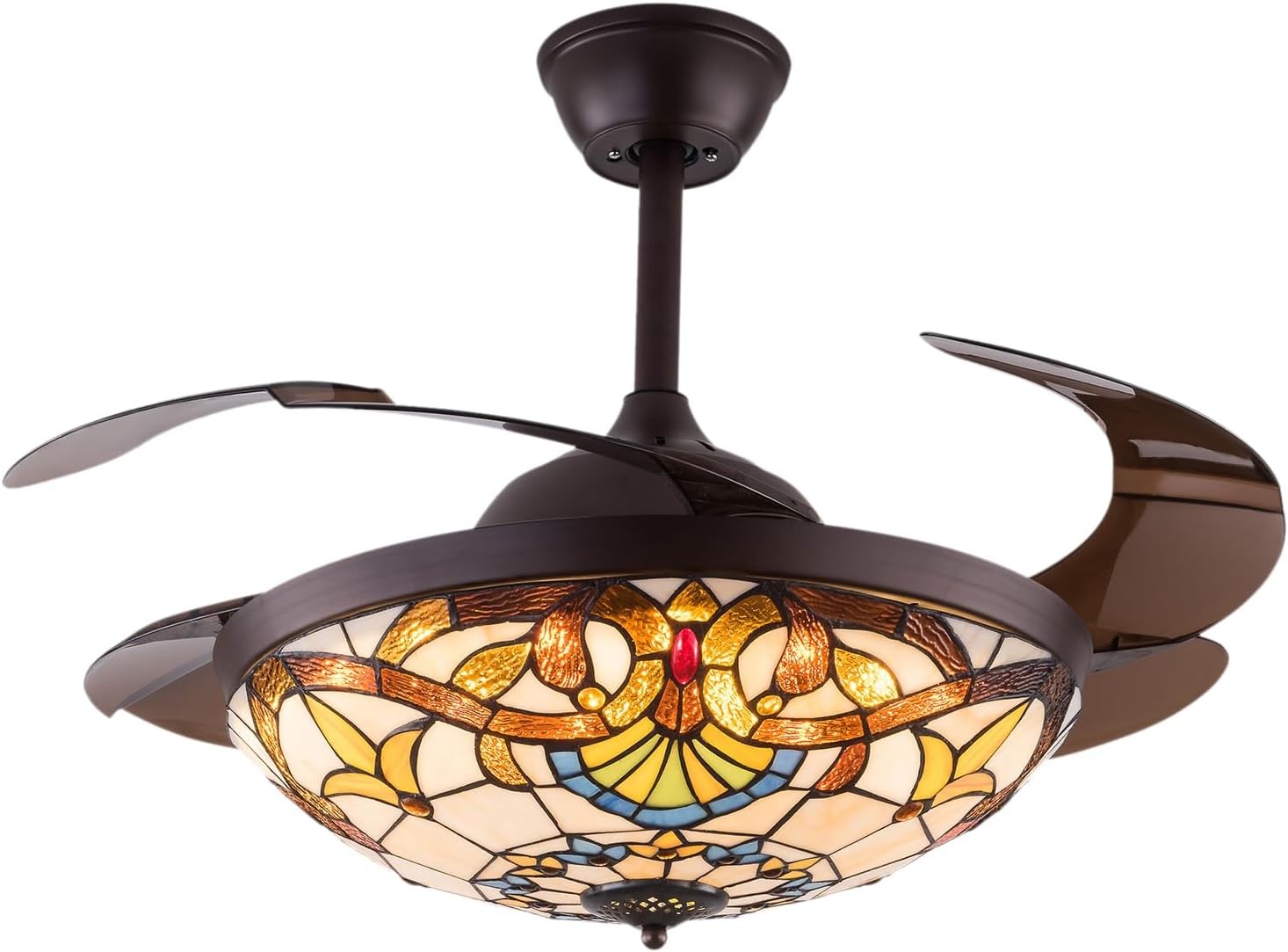 42" Tiffany Style Retractable Ceiling Fan Light Invisible Ceiling Fan Retro Stained Glass LED Dimmable Chandelier with Remote 3-Color Changes and 6-Speed for Home, Bar, Restaurant, Hotel, Cafe