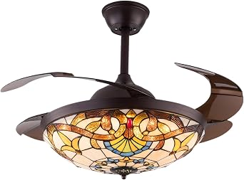 42" Tiffany Style Retractable Ceiling Fan Light Invisible Ceiling Fan Retro Stained Glass LED Dimmable Chandelier with Remote 3-Color Changes and 6-Speed for Home, Bar, Restaurant, Hotel, Cafe