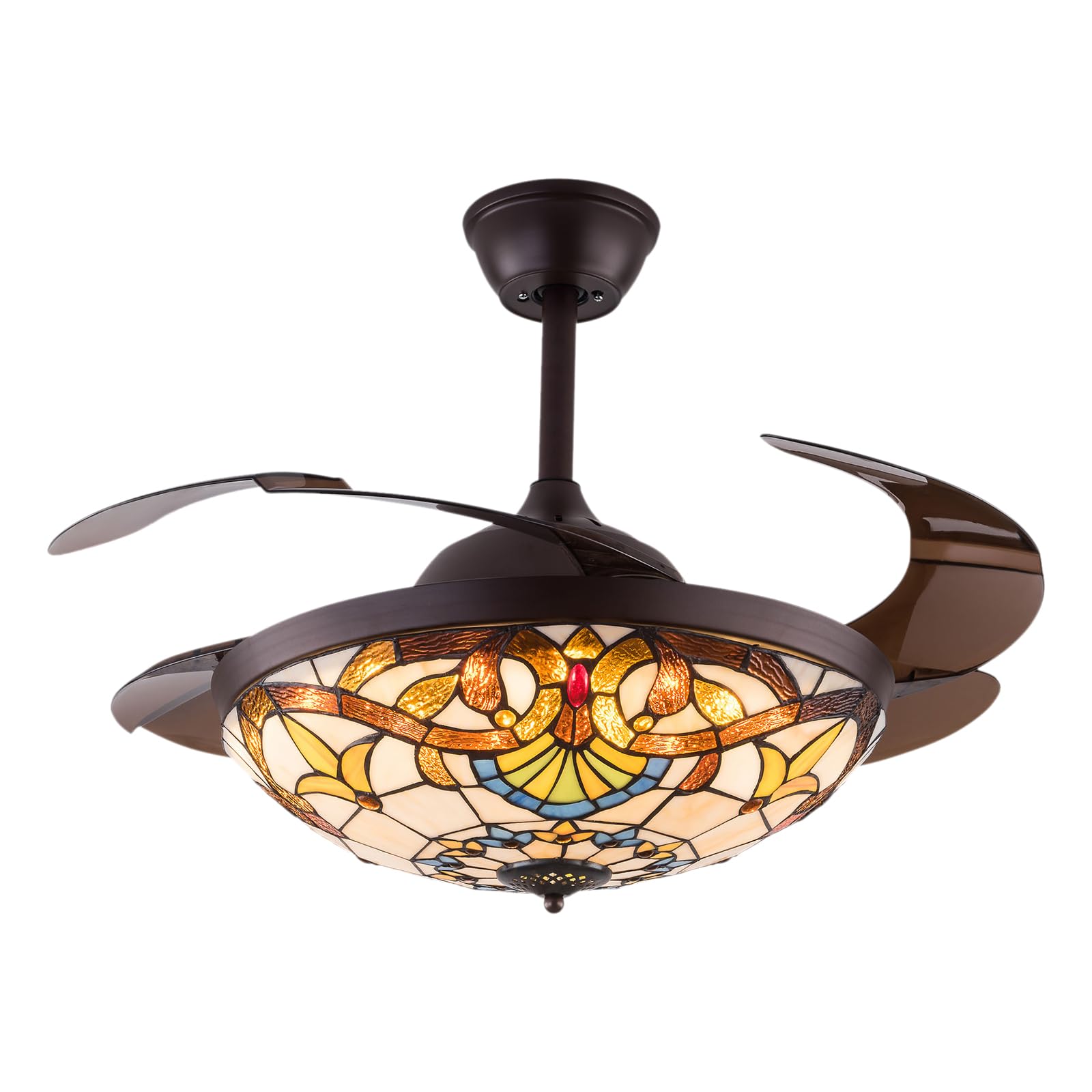 42" Tiffany Style Retractable Ceiling Fan Light Invisible Ceiling Fan Retro Stained Glass LED Dimmable Chandelier with Remote 3-Color Changes and 6-