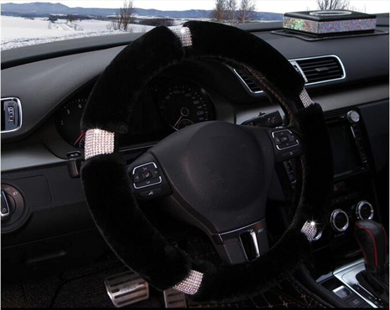 D-CC Crystal Diamonds Fluffy Steering Wheel Cover for Women Girls Luxury Decor Breathable Odorless Universal 15 Inch Car Wrap Cover (C, Black)