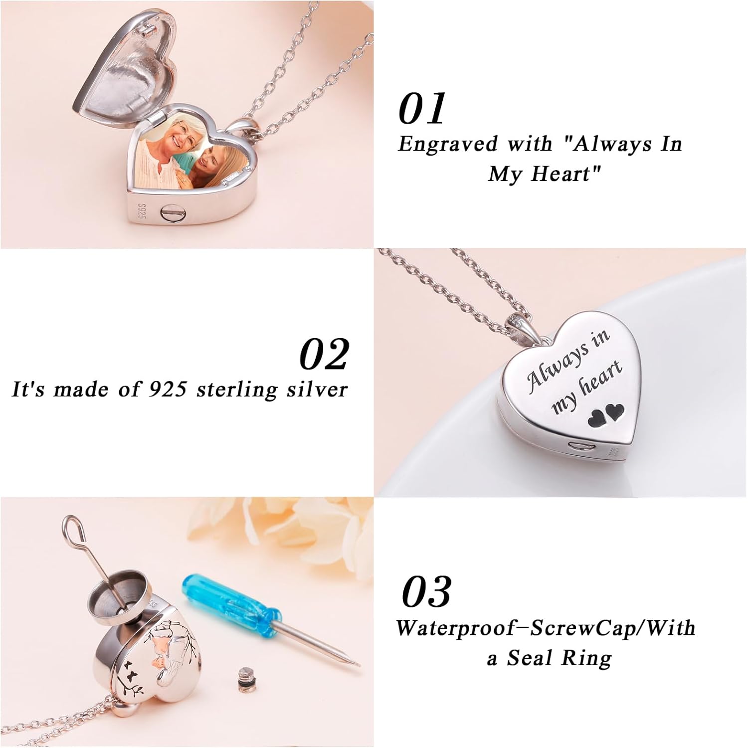 Always in My Heart Urn Necklaces for Ashes S925 Sterling Silver Love Heart Mother and Daughter Keepsake Hold Pictures Photo Memorial Locket Cremation Urn Pendant Necklace Gift for Women - Image 2