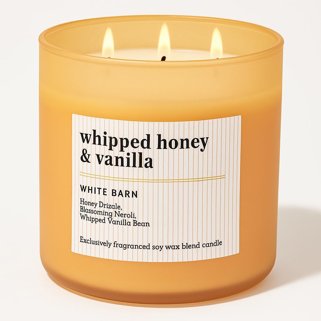Bath & Body Works Whipped Honey & Vanilla 3-Wick Candle, Essential Oils, 14.5 oz, Soy Wax Blend, Home Fragrance, Cozy Scent