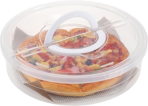 BTSKY Recipiente de plástico transparente para pizza con tapa y asa, contenedor redondo de 12 pulgadas para tartas con tapa, contenedor de