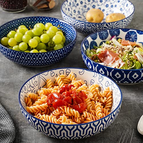 Selamica Ceramic 50 Ounce Pasta Bowls Set Of 4, 8.6 Inch Large Salad Bowls, Wide And Shallow Porcelain Soup Bowls, Stackable Serving Bowls, Microwave Dishwasher Safe, Christmas Gift, Vintage Blue #TOP2