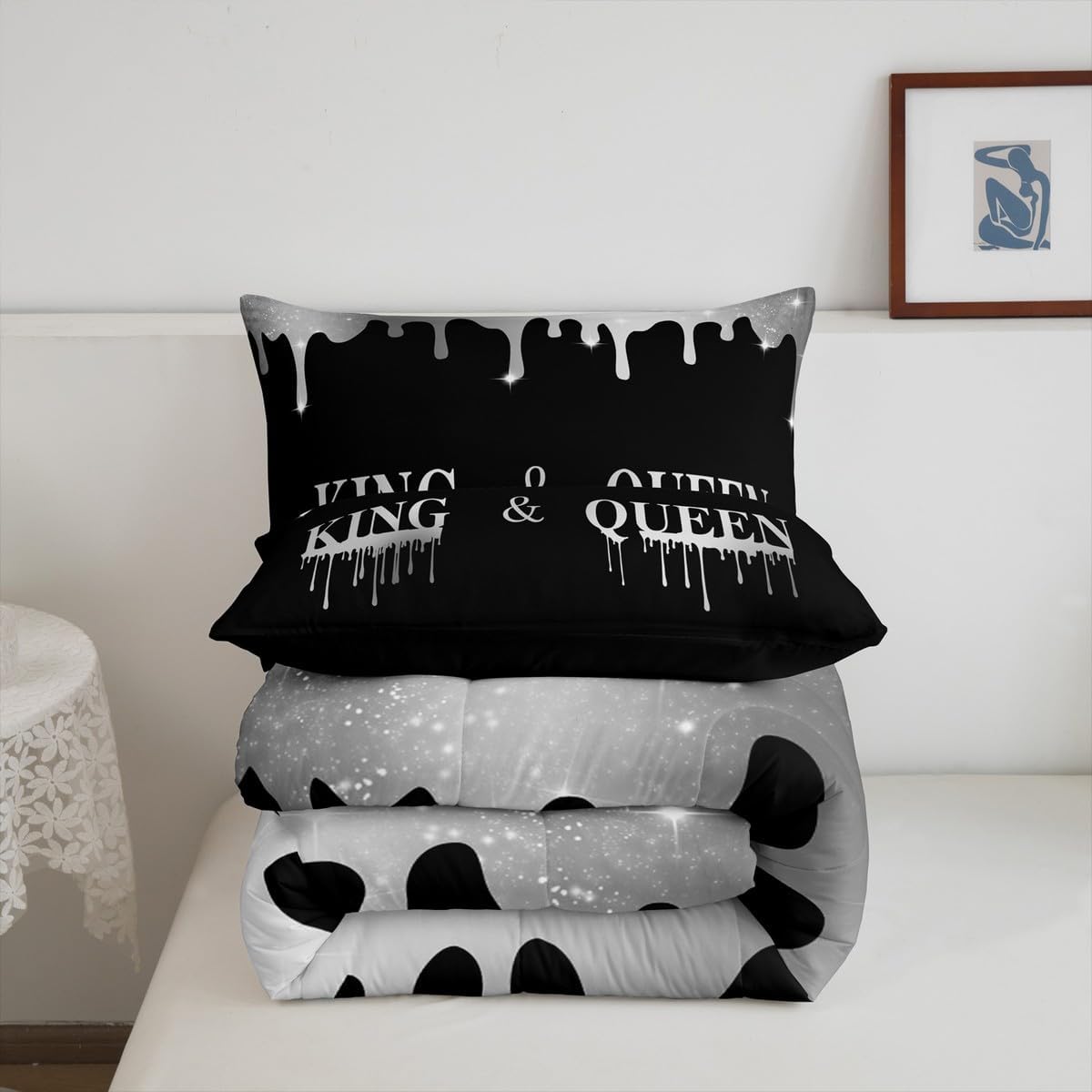 Feelyou Silver Black Mr Mrs Bedding Set Queen King Queen for Couple Man Woman Comforter His and Hers Comforter Set Romantic Duvet Set with 2 Pillow Case