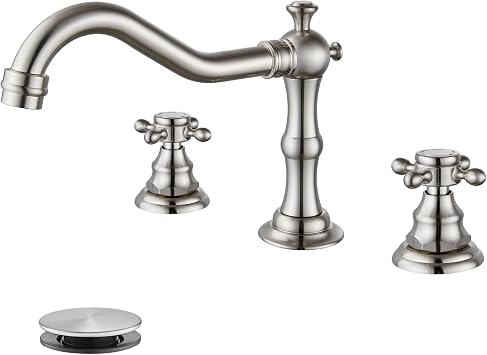 gotonovo 3 Hole Widespread Bathroom Sink Faucet Double Cross Handle Mixer Tap Faucet for Bathroom Sink Vanity Faucet Deck Mount Basin Hot Cold Water Matching Pop Up Drain Brushed Nickel