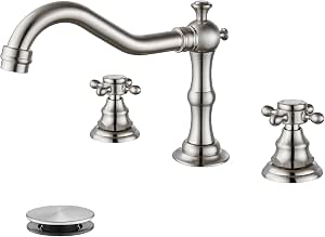 Widespread Bathroom Sink Faucet | Polish Chrome 3-Hole Deck Mount With Cross Knobs & Pop-Up Drain