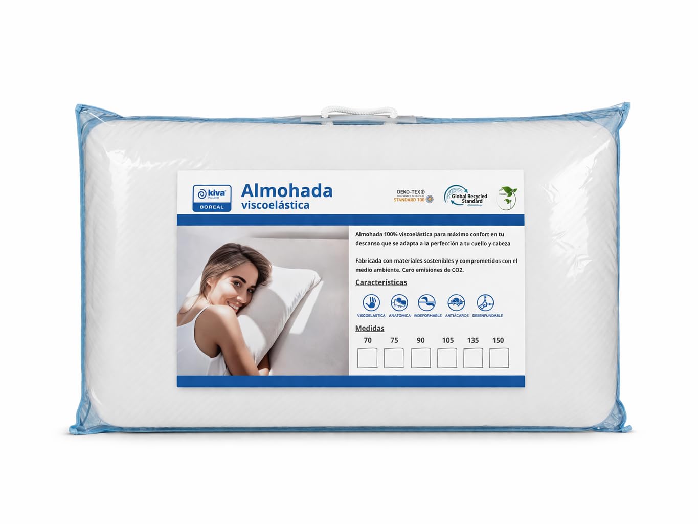 Almohada Viscoelástica 135 CM Boreal, Almohada Cervical Ergonómica e Indeformable, 100% Sostenible Reciclada, Certificado Oeko-Tex y GRS, Funda Transpirable Desenfundable Lavable