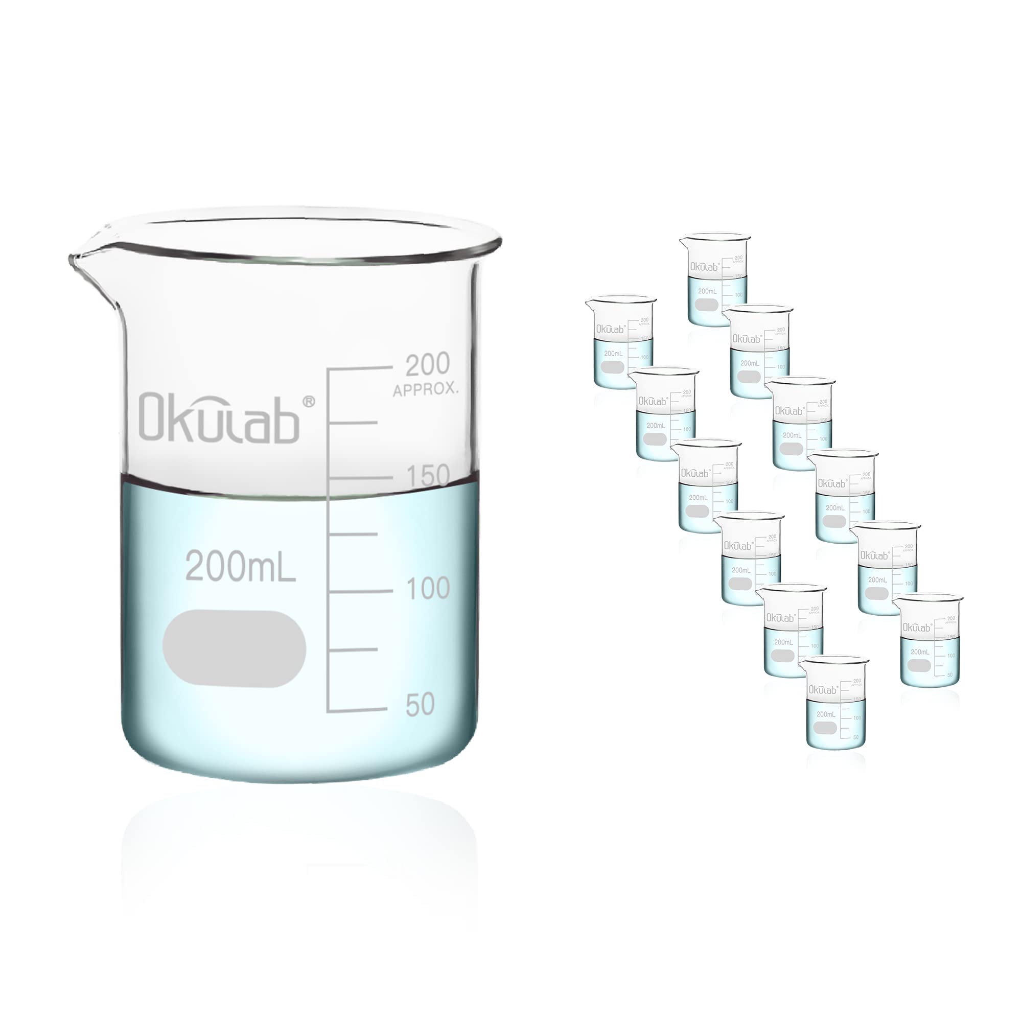 BKLG200A12 - Set di bicchieri in vetro borosilicato da 200 ml, a forma bassa, graduato 3,3 (caso di 12) per laboratorio, aula, artigianato, cucina, BKLG200A12