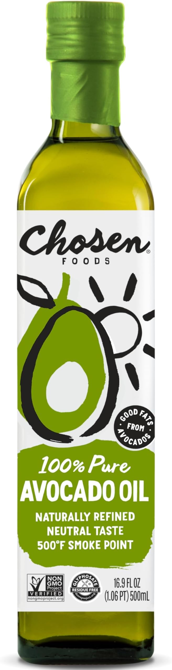 Chosen Foods Avocado Oil, 16.9 Fl Oz - All Purpose Cooking Oil made from 100% Pure Avocados - Non-GMO, Gluten-Free, Keto Friendly, Glyphosate Free - 500mL (Pack Of 1)