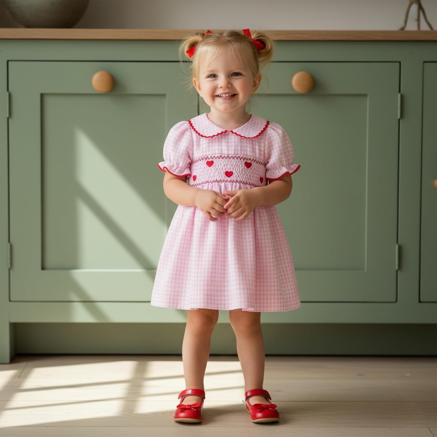 Honganda Toddler Baby Girl Valentine's Day Outfit Puff Sleeve Doll Collar Heart Smocked Dress Summer Plaid Princess Dresses - Image 2