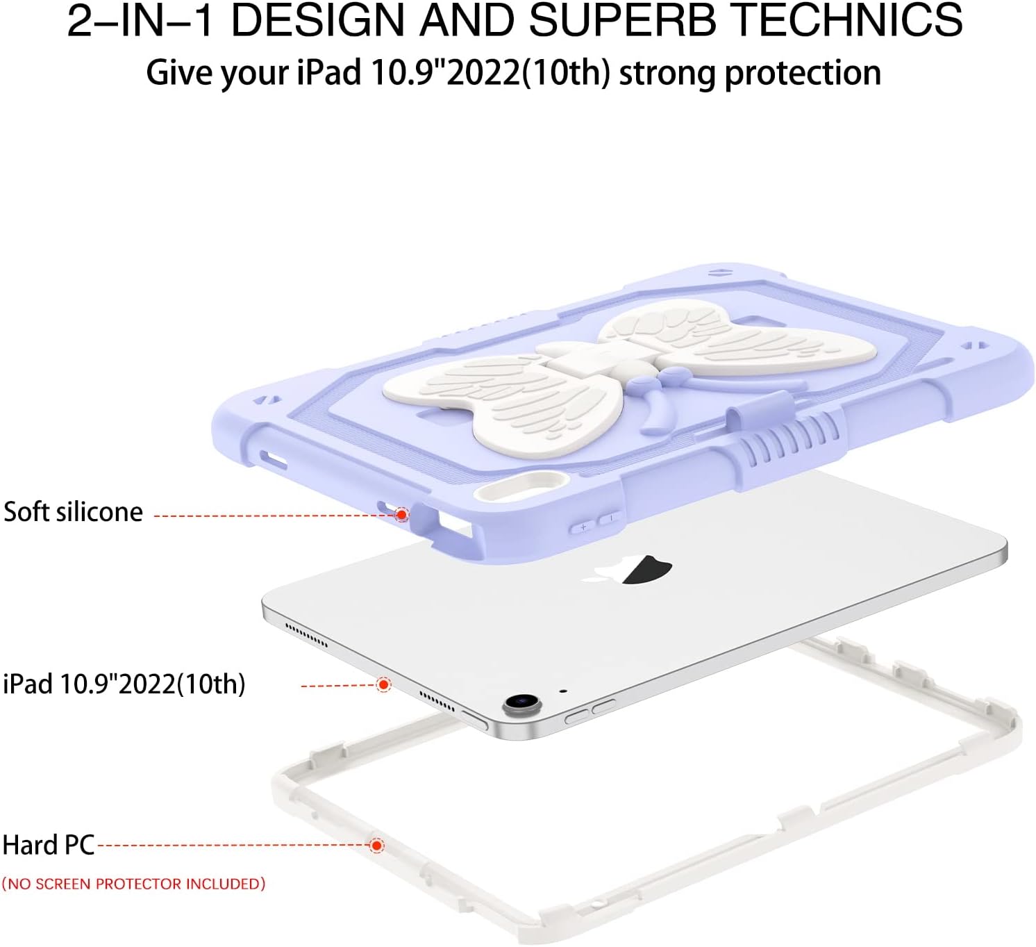YINLAI Case for iPad (A16) 11th Generation 11 Inch 2025, iPad 10th Generation 10.9 Inch 2022 with Pencil Holder Butterfly Kickstand Silicone + Hard PC Kids Shockproof Protective Cover, Purple