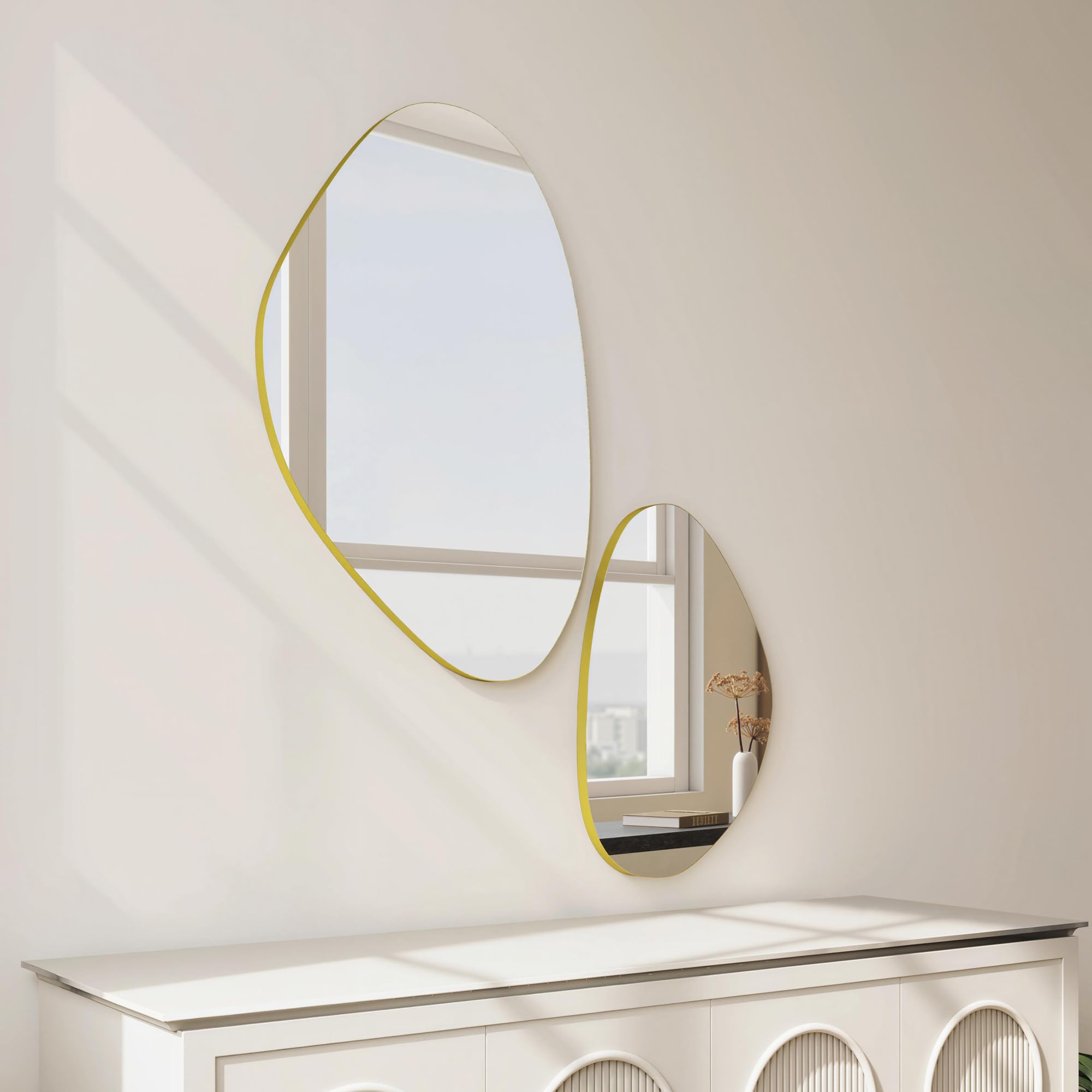 HOMCOM Irregular Wall Mirror Set of 2 Pebble-Shaped with Metal Frame Gold