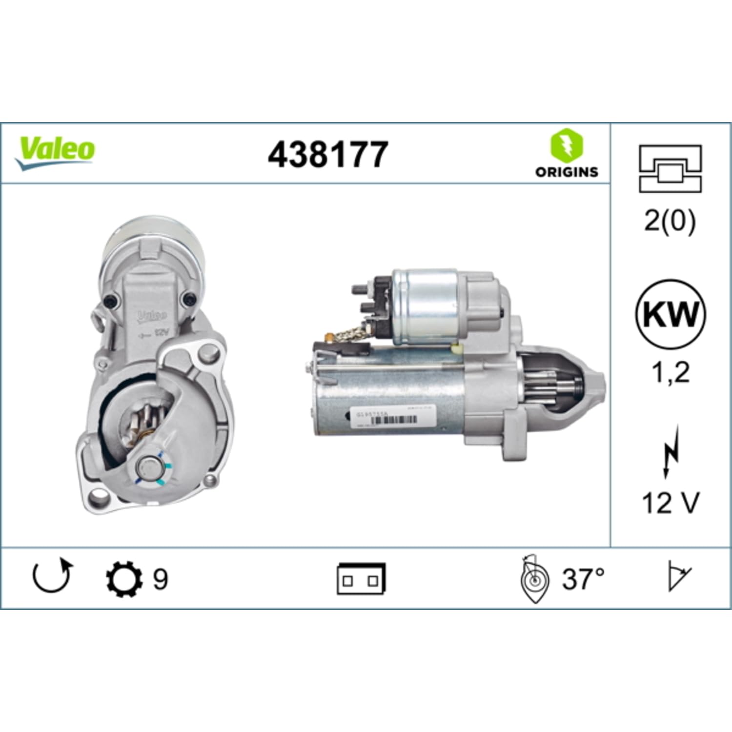 VALEO-438177-Motor de arranque-- Potencia nominal: 1,2 kW - Stop & Start: NO - Número de dientes: 9 dientes - Tensión: 12 V - Sentido de rotación: ANTI CLOCKWISE