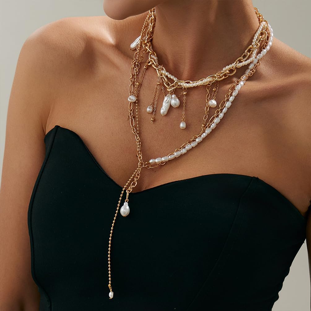 Dainty Layered Beads Irregular Pearl Choker Tassel Y Necklace for Women Trendy Unique Beaded Pearls Chain Necklaces Y2k Prom Party Jewelry Set Gifts - Image 3