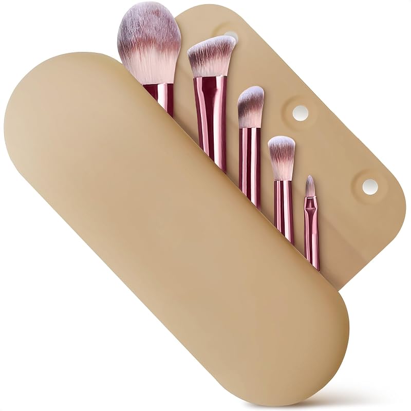 KETAR Porta-pincéis de maquiagem em silicone com fechamento magnético, bege, 21,08 cm x 7,62 cm