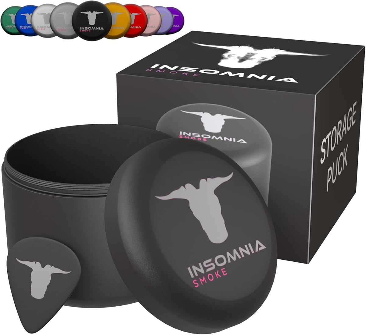 Insomnia Smoke Kompakter Metall Aufbewahrungspuck | Geruchssicher Wasserdicht Luftdicht | Aluminiumbehälter Metall-Aufbewahrungsdose für Tabak Unauffällig Reisegröße Taschenformat (Schwarz)