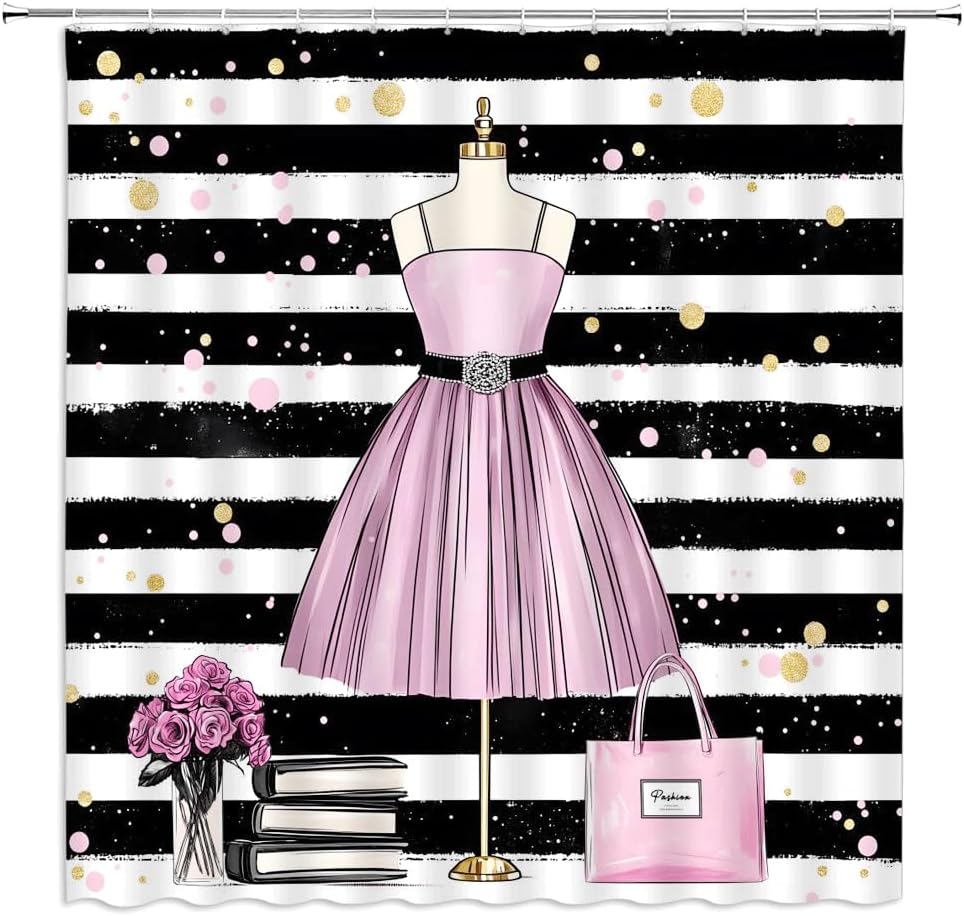 Fashion Girly Dresses Shower Curtain Pink Floral Black and White Stripe Magazines Romantic Makeup Themed Bathroom Decor Polyester Fabric Curtains with Hook 80Wx70H Inches