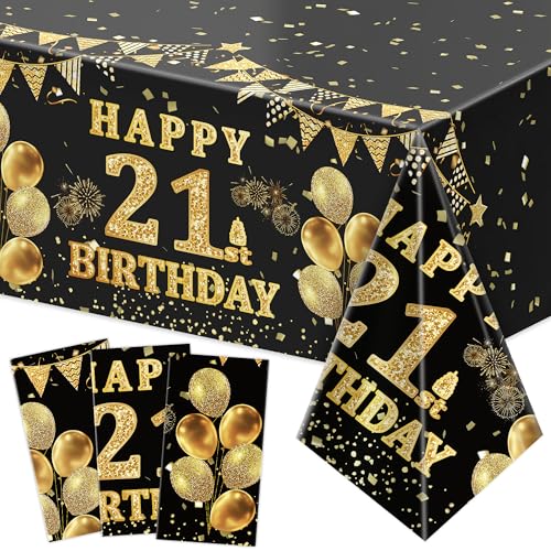 Image of Labeol 3 Pack 21st Birthday Tablecloth, Black and Gold Happy 21st Birthday Decorations, Disposable Plastic Rectangular Table Cover Party Supplies