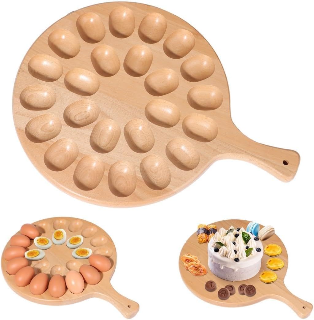 12 24-Slot Wooden Egg Tray, Reversible Charcuterie Serving Board With Handle For Kitchen & Party Use