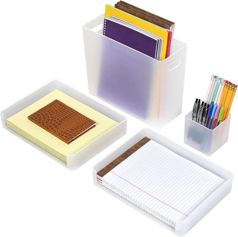 Desk Organizer Set for Office Supplies & Home Accessories, Paper File Organization Box, Stackable Letter Tray, File, Pen Organizers, Great for Desktop, Workstation, Classroom, Plastic