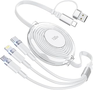 【100W】3合1 充电线 收纳式 [1.2米 PD支持/高耐久] 100W/5A 超级快充 闪电/Type C/Micro USB 线 3台同时充电 iPhone 16 15 14 13 12、Galaxy S25 S24 S23、iPad Pro/Air/Mini、MacBook Pro/Air等多机型兼容 - 白色