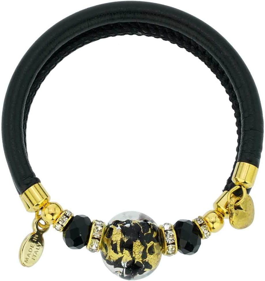 Glass Of Venice Dorato Murano Glass Leather Bracelet - Black