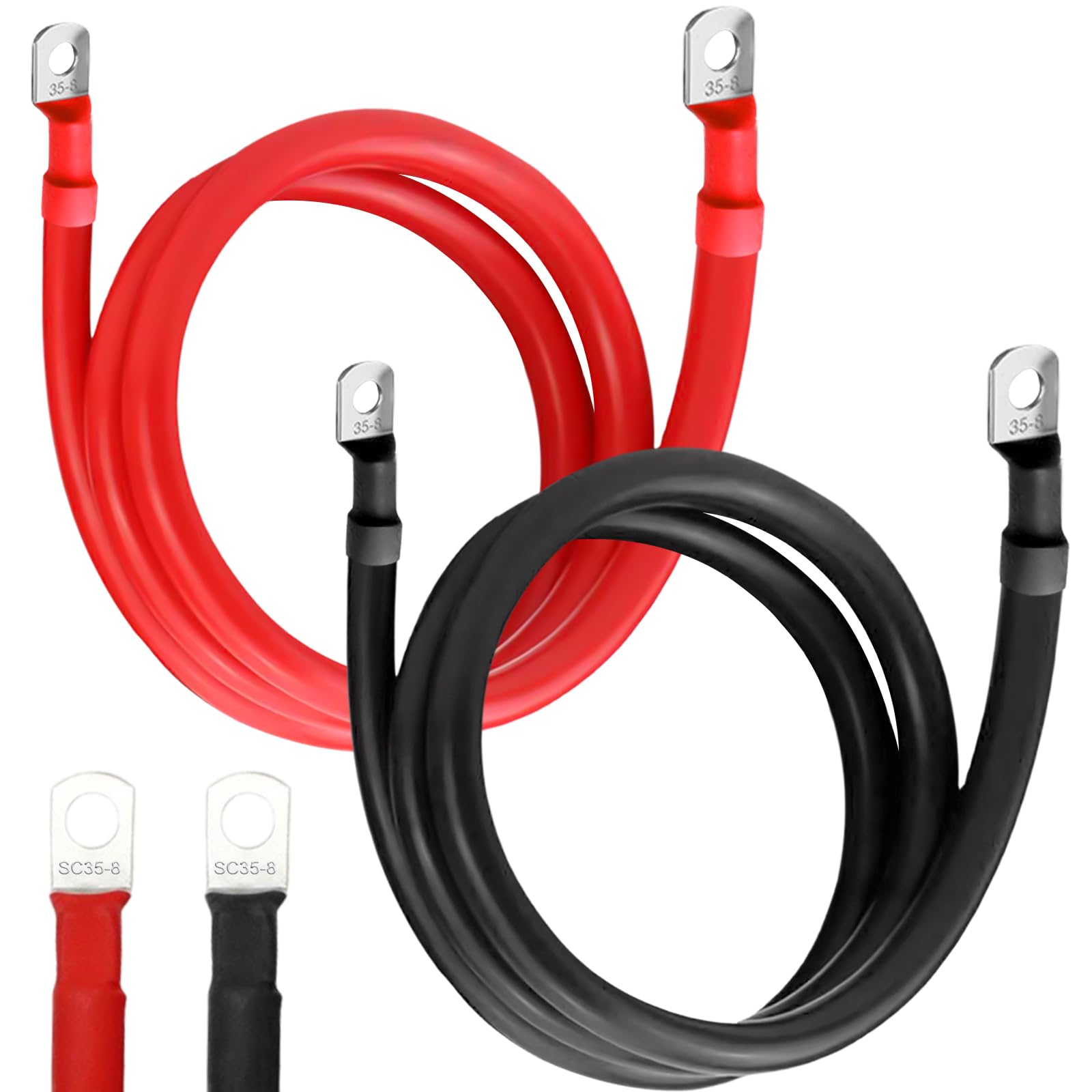 Lot de 2 câbles de batterie 35 mm²/2 AWG - En cuivre sans oxygène - Rouge et noir - 100 cm - Câble de batterie 12 V - Câble de batterie 35 mm² - Avec bornes à anneau M8 - 12 V - Pour voitures, motos