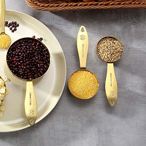 Gold Measuring Cups And Spoons Set, Stainless Steel 10 Piece Set, Stackable 5 Measuring Cups And 5 Measuring Spoons With 2 Rings For Dry And Liquid Ingredients, Golden #TOP6