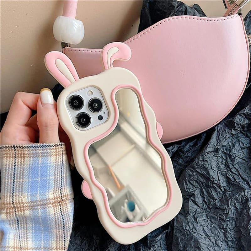 Image of COVERLY Bunny Case 3D Cartoon Ear,Full Protective Case Rabbit Wavy Mirror Stereo Kawaii Curvy Cute Soft Silicone for Girls Woman Ladies Makeup Cover for Apple iPhone 16 Pro Max,Pink