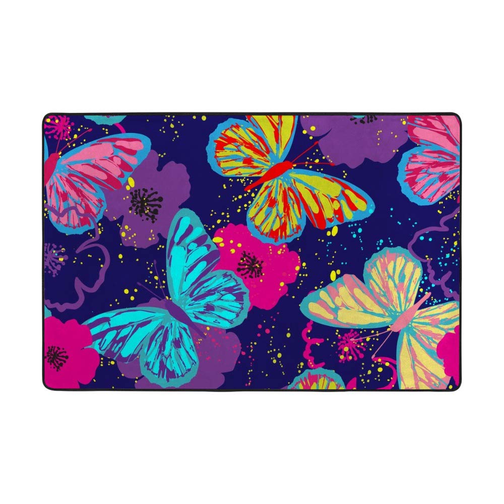 Grand tapis papillons colorés Ruchen en velours corail pour salon et chambre de 203×147cm