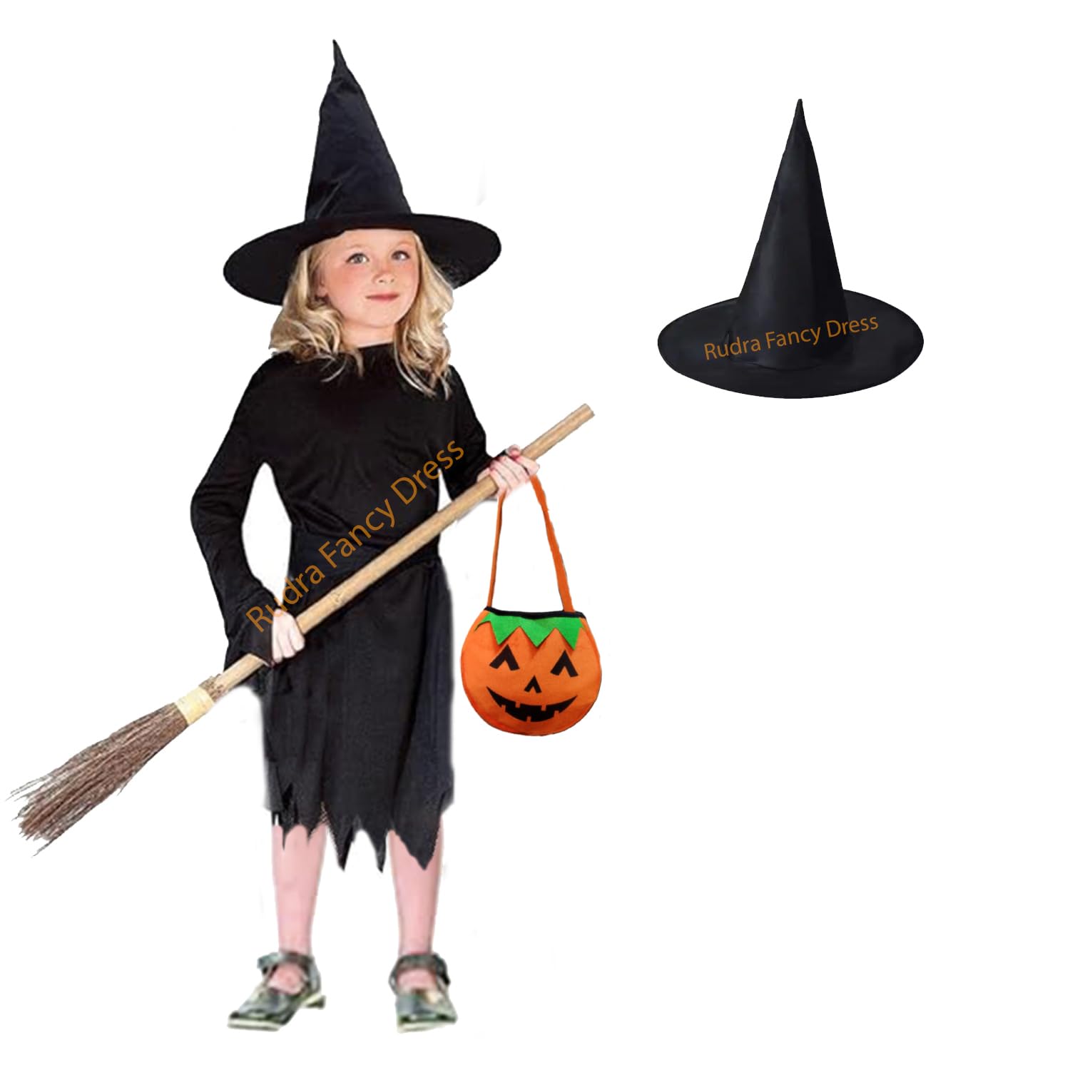 Rudra Fancy Dress Halloween costumes for kids | Halloween dress for girls (6-7 Years, B - Jhadu Witch Costumes, Black Hat & Pumpkin Bag) (B0CRNRL9PS) Amazon Price History, Amazon Price Tracker