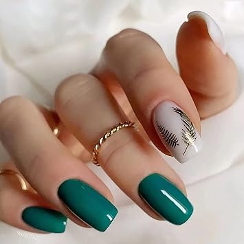 24Pcs متوسطة مربع الصحافة على الأظافر، الاصطناعية الاكريليك الأظافر وهمية مع تصاميم الذهب الريش، غطاء كامل قابلة لإعادة الاستخدام الأخضر الفرنسي لامع الأظافر كاذبة، المرأة الغراء على الأظافر عصا على الأظافر ل مسمار الفن