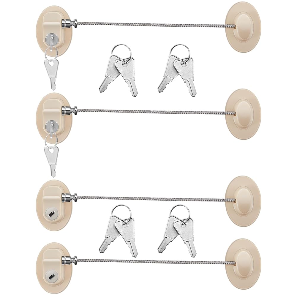 Hotop 4 Pack Cabinet Locks with Keys Mini Fridge Refrigerator Locks for Kids Toddlers Self Adhesive Child and Baby Proofing Safety for Deep Freezer Drawers Doors Latch(Light Brown)