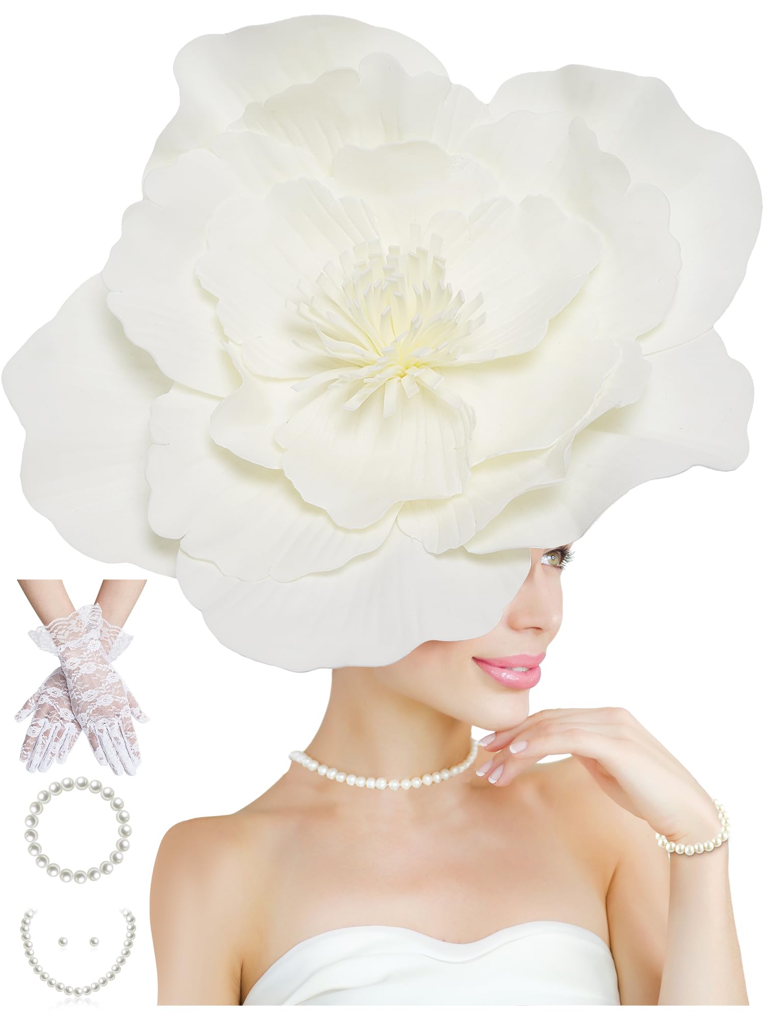 Large Flower Fascinators for Women Tea Party Fancy Hats and Gloves Set for Women Girls Tea Party Wedding Accessories