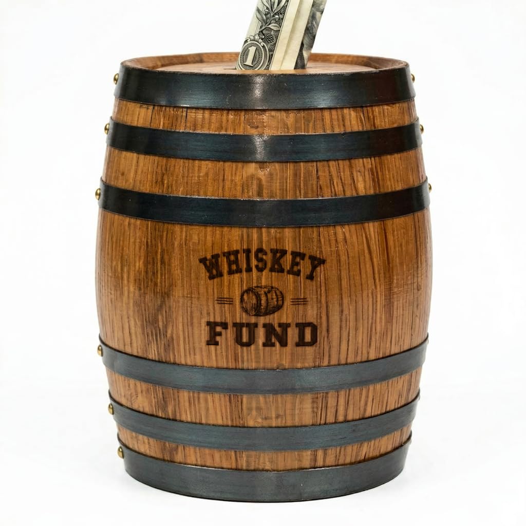 Handmade Wooden Oak Barrel Adult Piggy Bank - Money Saver for Real Cash, Bills & Coins - 6.5 x 4.5 x 4.5 in. with Whiskey Fund Laser Engraving - Piggy Banks for Adults