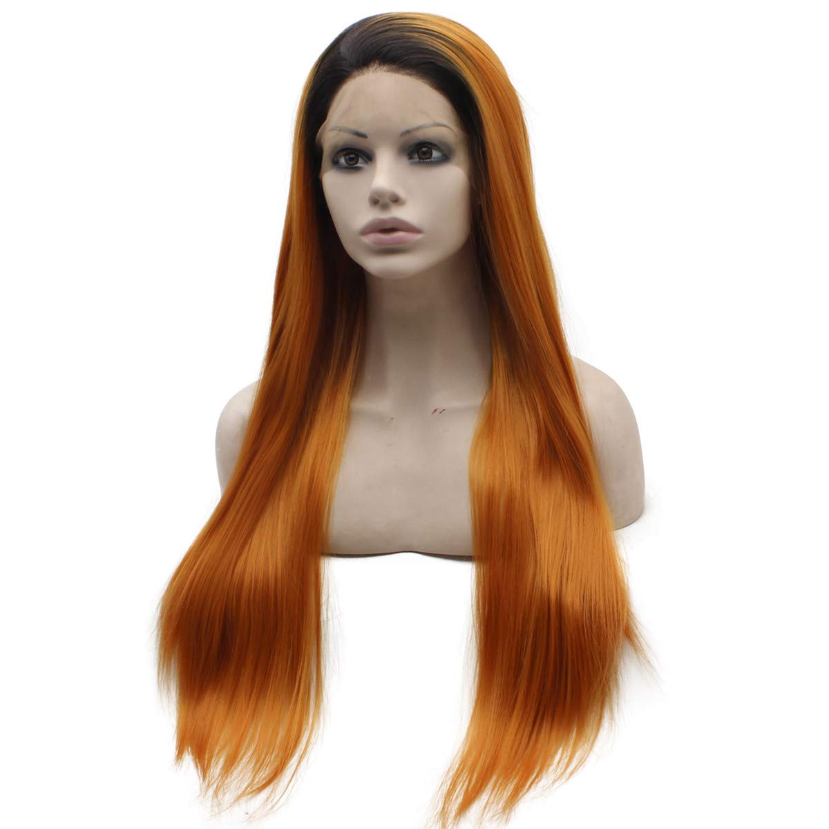 MX angel Long Straight Ombre Orange Synthetic Lace Front Wig Black Roots Half Hand Tied Heat Resistant Fiber Hair Wig