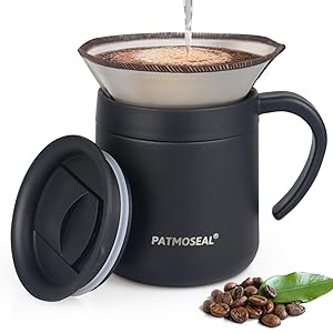 Taza de café con filtro sin papel, cafetera de goteo manual 2 en 1, cafetera aislada 1 taza con tapa a prueba de salpicaduras para viajes, oficina, hogar, campamento, 350 ml (negro)