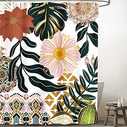 Yookeb Boho Floral Bohemian Flower Tropical Bathroom Shower Curtain Leaves Palm Summer Spring Colorful Mandala Polyester Fabric 12 Plastic Hooks Waterproof Decor #TOP1