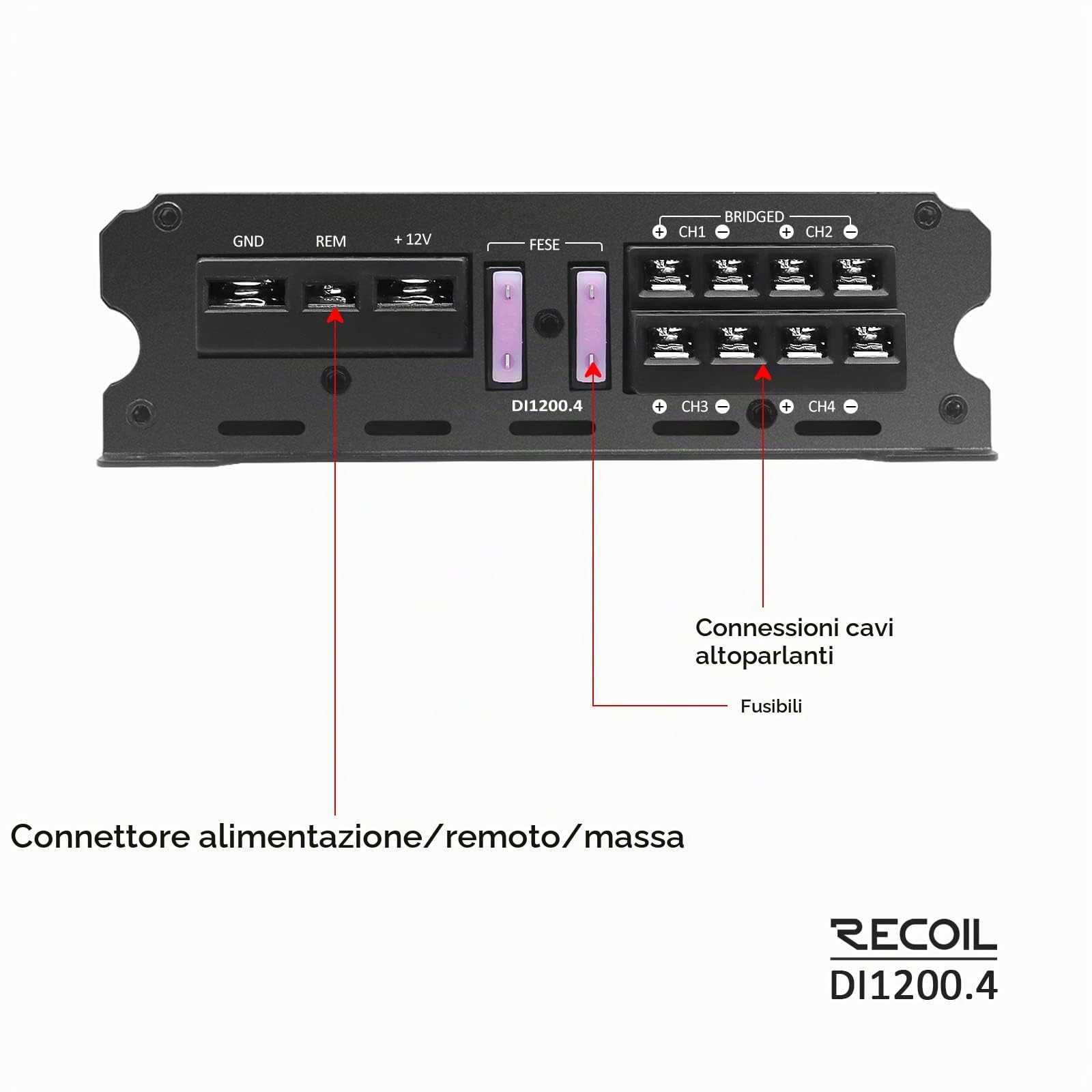 RECOIL DI1200-4 Amplificatore Auto 4 Canali Classe D Full-Range 2400W Ponte | 2400W Max, 2-4 Ohm Stabile, Alimentazione Mosfet, Ponte – Amplificatore Auto