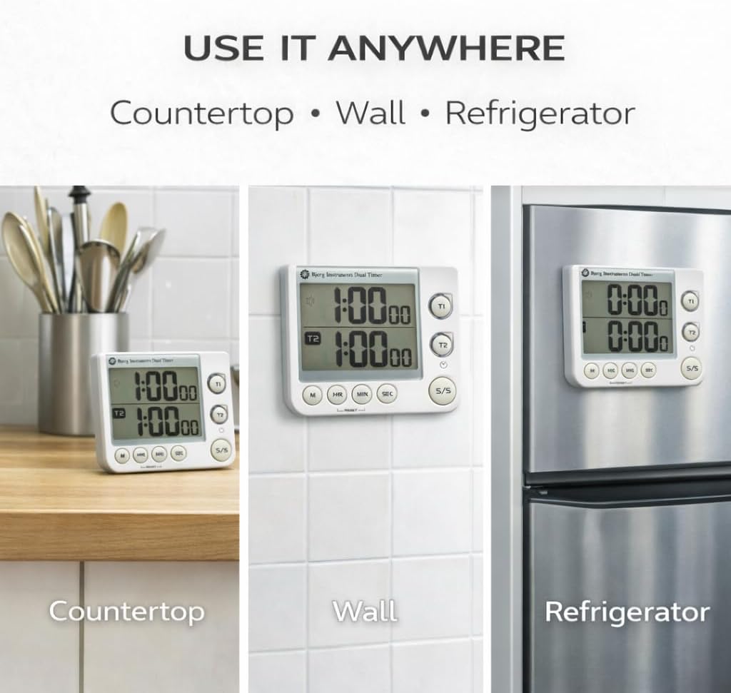 Bjerg Instruments Dual Digital Kitchen Timer – Count Up & Countdown Timer with Large LCD Display, Magnetic Back, Loud Alarm, Stand-Up Design (White)