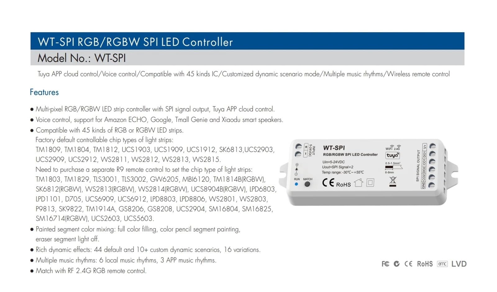 WT-SPI Tuya 5V-24VDC 12V 2.4G RF SPI LED Wifi Controlador R9 Control remoto para WS2811 WS2812 WS2815 UCS1903 Pixel RGB/RGBW Tira de luz LED (Color: WT-SPI y R9 Negro)