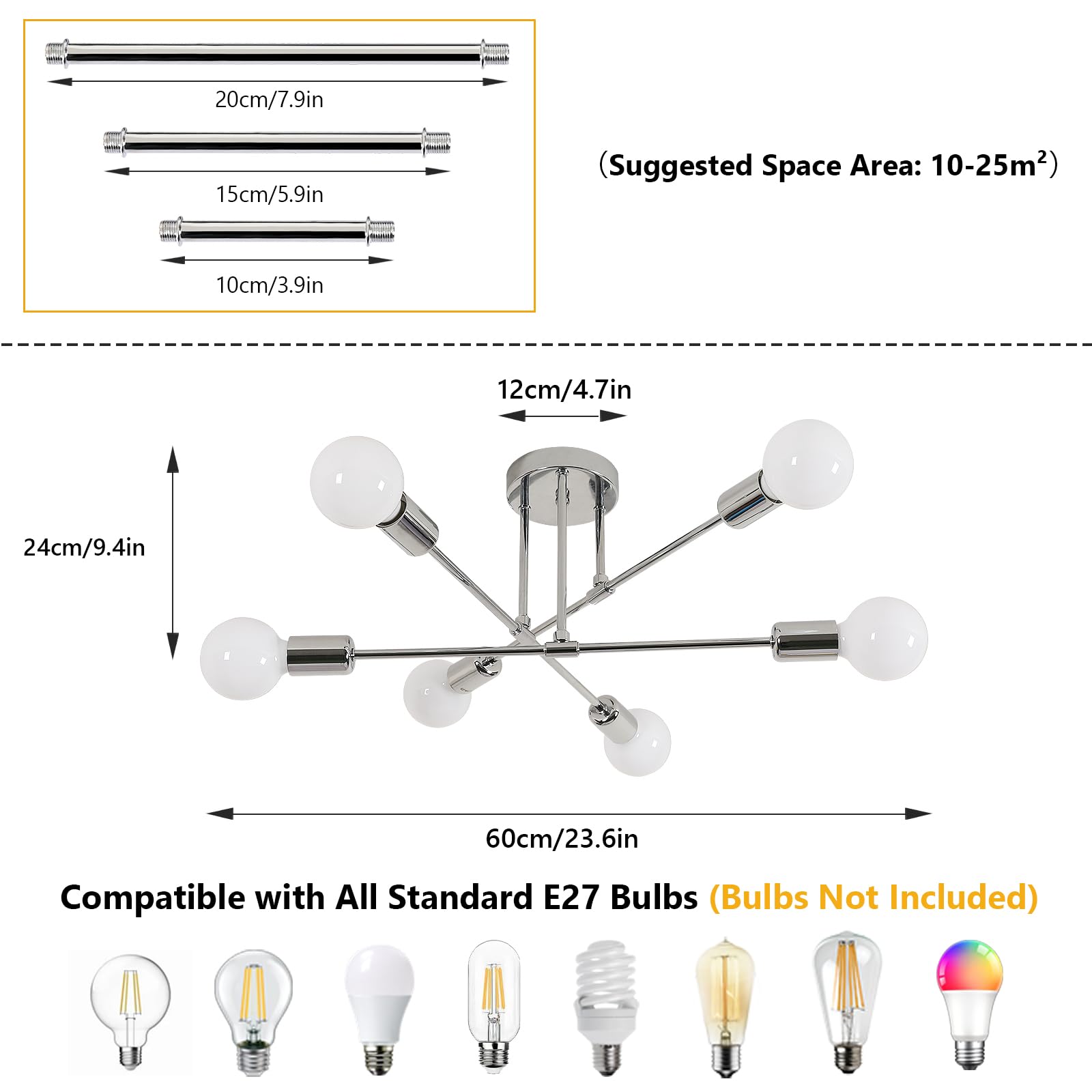 Goeco Lampadario Sputnik Vintage, E27 Plafoniera da Soffitto Industrial con 6 Portalampada, Lampada da Soffitto in Metallo per Camera da Letto Soggiorno, (Senza Lampadina), Cromo Dia. 60 cm