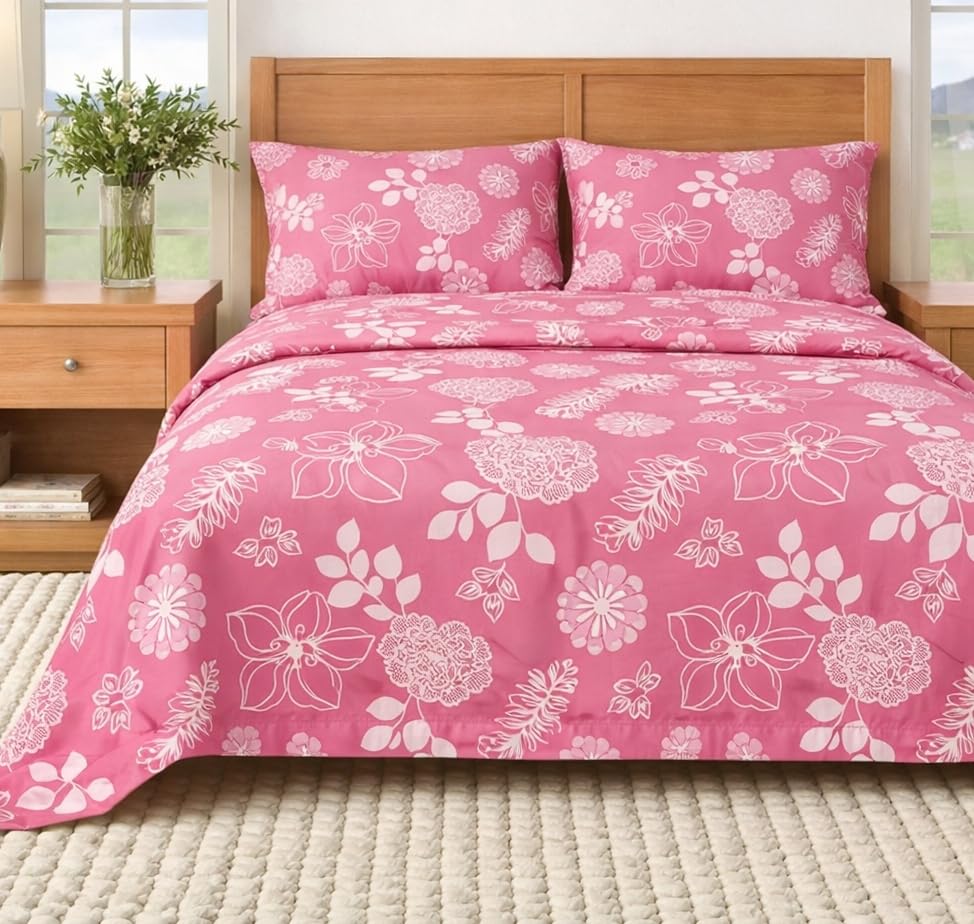 Image of BEVI - Home Super Fabric 300 TC Microfiber Single Queen Size Bedsheet with 1 Pillow Cover - Printed Bedsheet Size (60x90) (Pink Flower)