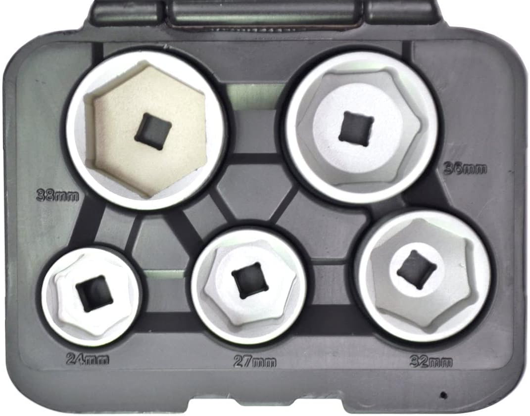 PT Auto Warehouse OFS-2473268MM - Hex Oil Filter Wrench Socket Set 3/8" DR - 24MM, 27MM, 32MM, 36MM and 38MM, 5pcs