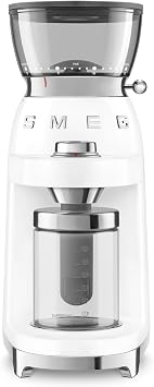 Smeg CGF03WHUK 50's Style Electric Coffee Grinder, Features a Conical Burr, 30 Bean Grinding Levels, White