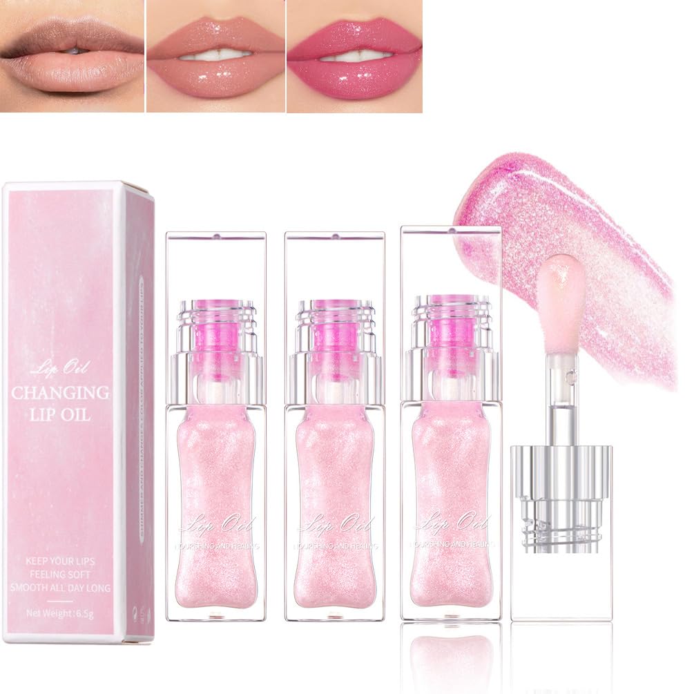 ZERVAMagic Color Changing Lip Oil V2, Magical Color Changing Lip Gloss, Transparent and Plump Magical Color Changing Lip Gloss, Bossup Cosmetics Color Changing Lip Oil (3pcs)